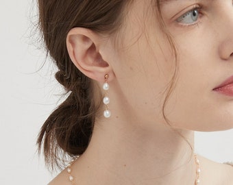 Natural Freshwater Pearl Sterling Silver Dangle Earrings, Gold Plated Genuine Pearl Stud Earrings, Wedding Bride Drop Earring, Gift for Her