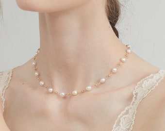 Gargantilla de plata de ley con perlas naturales de agua dulce, collar de perlas reales S925 chapado en oro, joyería de perlas genuinas para novia de boda, regalo para ella