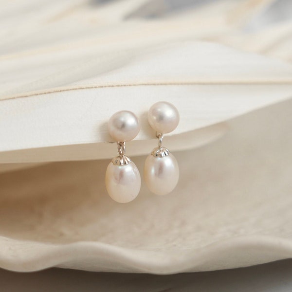 Natural Double Pearl Dangle Drop Earrings, S925 Droplet Freshwater Pearl Stud Earrings, Wedding Earrings,Bridesmaid Jewellery Gift