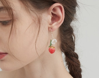 S925 Strawberry with Flower Drop Earrings, Sterling Silver Fruit Hook Earrings, Bridal Bridesmaid Wedding Dangle Earrings, Gift for Her