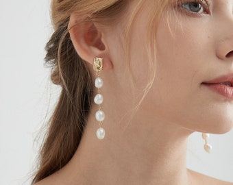 Boucles d'oreilles pendantes en perles baroques naturelles plaquées or, clou d'oreille en fil de perle véritable, boucle d'oreille pendante de demoiselle d'honneur mariée, cadeau pour elle