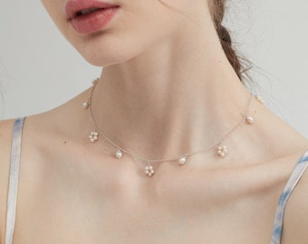 Natural Pearl Daisy Choker, Real Freshwater Pearl Gold Necklace, Pearl Flower Jewellery, Wedding Bride Necklace, Gift for Her