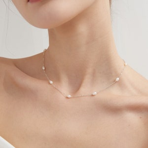 Sterling Silver Natural Pearl Choker,  Real Freshwater Pearl Gold Necklace, Pearl Birthstone Jewellery, Wedding Bride Necklace, Gift for Her