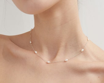 Natuurlijke parel Sterling zilveren choker, echte Zoetwaterparel gouden ketting, parel Birthstone sieraden, bruiloft bruid ketting, cadeau voor haar