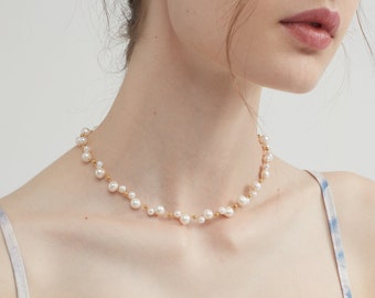 Natural Freshwater Pearl Wreath Choker, Gold Real Pearl Wedding Bride Necklace, Minimalist Multiple Genuine Pearls Necklace, Gift for Her