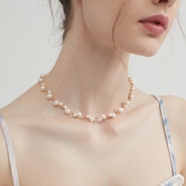 Ras de cou couronne de perles d'eau douce naturelles, collier de mariée de mariage de vraies perles d'or, collier minimaliste de plusieurs perles véritables, cadeau pour elle
