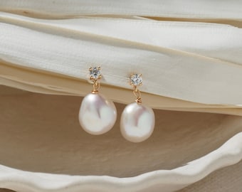 Natural Freshwater Baroque Pearl with CZ Diamond Dangle Earrings, Gold Plated Sterling Silver Pearl Stud Earring, Wedding Bride Gift for Her