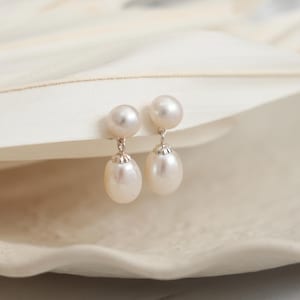 Natürliche Doppelperle baumeln Tropfen Ohrringe, S925 Tröpfchen Süßwasserperle Ohrstecker, Hochzeit Ohrringe, Brautjungfer Schmuck Geschenk