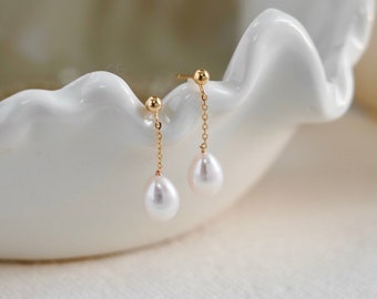 Natural Freshwater Pearl Sterling Silver Dangle Earrings, Gold Plated S925 Genuine Pearl Stud Earring, Wedding Bride Jewellery, Gift for Her