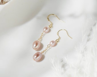 Natural Freshwater Pink Pearl Sterling Silver Dangle Earrings, Gold Plated Hook Drop Earrings, Pearl Wedding Bride Earrings, Gift for Her