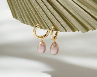 Natural Freshwater Pink Pearl Sterling Sliver Dangle Earrings, Gold Plated S925 Real Pearl Hoop Earring, Wedding Bride Earring, Gift for Her