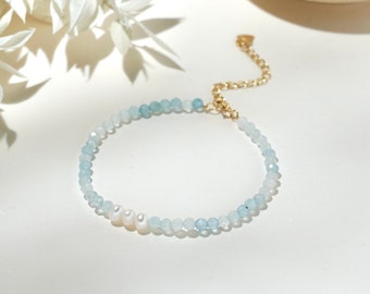 Sterling Sliver Natural Aquamarine with Pearl Bracelet, Gold Plated Dainty Blue Crystal Bead Bracelet, Birthday Mother's Gift, Gift for Her