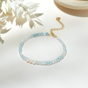 Natural Aquamarine with Pearl Sterling Sliver Bracelet, Gold Plated Dainty Blue Crystal Bracelet, Birthday Mother's Gift, Gift for Her