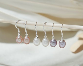 Natural Freshwater Pearl Sterling Silver Dangle Earrings, S925 Pink Purple Pearl Hook Drop Earrings, Wedding Bride Earrings, Gift for Her