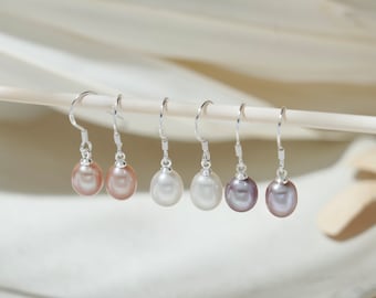 Sterling Silver Natural Freshwater Pearl Dangle Earrings, S925 Pink Purple Pearl Hook Drop Earrings, Wedding Bride Earrings, Gift for Her