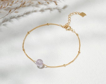 Natural Amethyst Sterling Sliver Bracelet, Gold Plated S925 Dainty Real Birthstone Bead Bracelet, Birthday Gift, Mother's Gift, Gift for Her