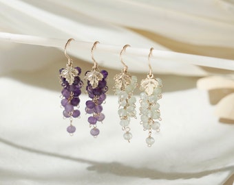 Natural Amethyst Dangle Earring, Gold Plated S925 Peridot Grapes Fruit Hook Earring, Wedding Bride Earring, Gift for Her