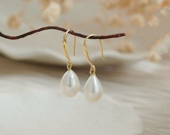 Natürliche Perle Sterling Silber baumeln Ohrringe, vergoldete S925 Haken Tropfen Ohrringe, Süßwasserperle Hochzeit Braut Ohrringe, Geschenk für sie