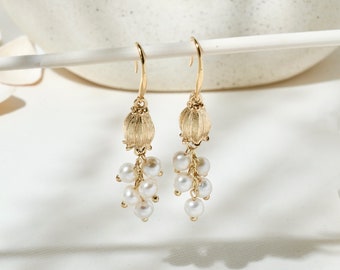 Natural Pearl on Bluebell Flower Dangle Earring, Gold Plated S925 Silver Pearl Flower Hook Earring, Wedding Bride Drop Earring, Gift for Her