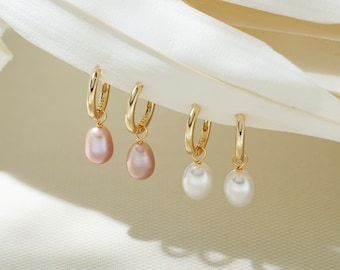 Pendientes colgantes de plata esterlina de perlas naturales de agua dulce, pendiente de aro de perla real S925 chapado en oro, pendiente de novia de boda, regalo para ella