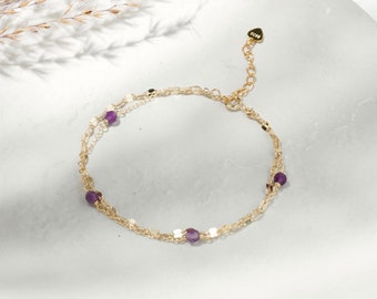 Natural Amethyst Birthstone Sterling Sliver Bracelet, Gold Plated S925 Dainty Real Stone Bead Bracelet, Wedding Birthday Gift, Gift for Her