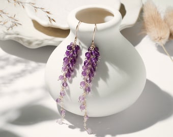 Boucles d'oreilles pendantes en argent sterling améthyste naturelle feuille d'olivier, boucle d'oreille crochet S925 véritable améthyste glycine fleur raisin fruits, cadeau pour elle