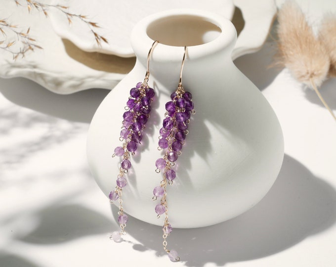 Natural Amethyst Olive Leaf Sterling Silver Dangle Earrings, S925 Genuine Amethyst Wisteria Flower Grapes Fruit Hook Earring, Gift for Her
