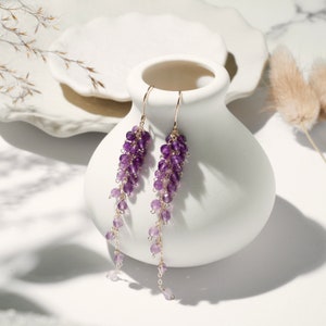 Boucles d'oreilles pendantes en argent sterling améthyste naturelle feuille d'olivier, boucle d'oreille crochet S925 véritable améthyste glycine fleur raisin fruits, cadeau pour elle image 1