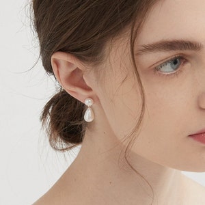 Natürliche Doppelperlen Sterling Silber Ohrhänger, S925 Tropfen echte Süßwasserperlen Ohrstecker, Hochzeit Braut Schmuck Geschenk
