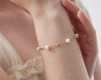 Natural Freshwater Pearl Bracelet, Dainty Real Pearl Bead Bracelet, Wedding Bride Bridesmaid Bracelet,  Gift for Her
