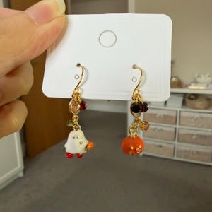 Halloween Ghost Pumpkin Earrings, Asymmetrical Halloween Dangle Earrings, Cute Spooky Jewelry, Pumpkin Ghost Earrings, Halloween Gift image 11