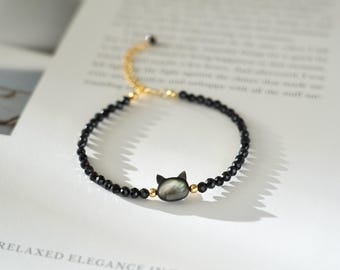 Bracciale con tormalina nera naturale da 3 mm e gatto - Scudo di pietra di messa a terra contro l'energia negativa - Cristallo curativo protettivo, regalo per lei