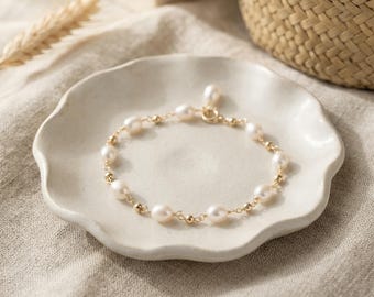 Sterling Silver Natural Freshwater Pearl Bracelet, Gold Plated Dainty Real Pearl Bead Bracelet, Wedding Bride Jewelry, Mother's Gift for Her