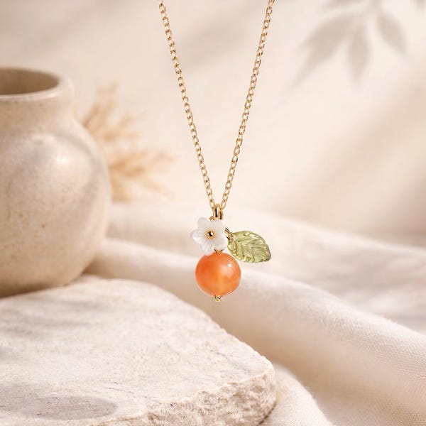 Tangerine with Flower Silver Necklace, Orange Fruit Gold Plated Necklace, Summer Vacation Anniversary Gift for Her