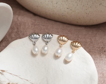 Sterling Silver Shell with Pearl Dangle Drop Earrings, Gold Vermeil Freshwater Pearl Stud Earrings, Wedding Bridal Jewellery, Gift for Her