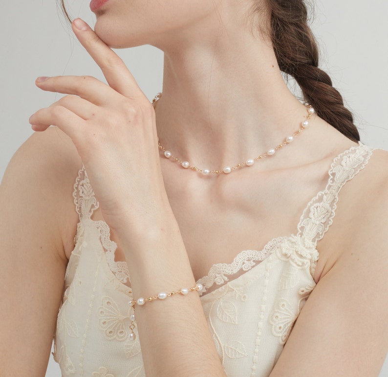 Natürliche Süßwasserperle Sterling Silber Halsband, vergoldete S925 echte Perlenkette, Hochzeit Braut echte Perlen Schmuck, Geschenk für Sie Bild 8