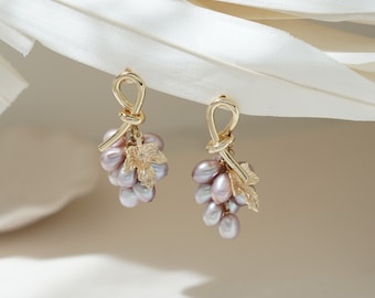 Natural Purple Pearl Sterling Silver Dangle Earrings, Gold Plated Bowknot Grape Stud Earring, Wedding Bride Drop Earring, Gift for Her