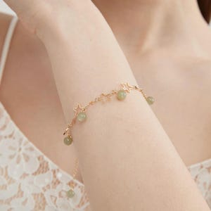 Delicate Dainty Natural Jade bead on Star Bracelet, Gold Plated Genuine Jade Lucky Bracelet, Wedding Bride Bridesmaid Bracelet, Gift for Her