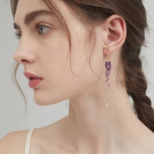 Natural Amethyst Olive Leaf Sterling Silver Dangle Earrings, S925 Genuine Amethyst Wisteria Flower Grapes Fruit Hook Earring, Gift for Her image 10