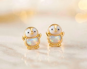 Opal Penguin Stud Earrings – Gold Penguin Earrings – Silver Cute Animal Studs – Dainty Opal Jewelry Gift for Her