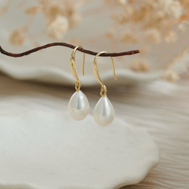 Natural Pearl Sterling Silver Dangle Earrings, Gold Plated S925 Hook Drop Earrings, Freshwater Pearl Wedding Bridal Earrings, Gift for Her Style 1