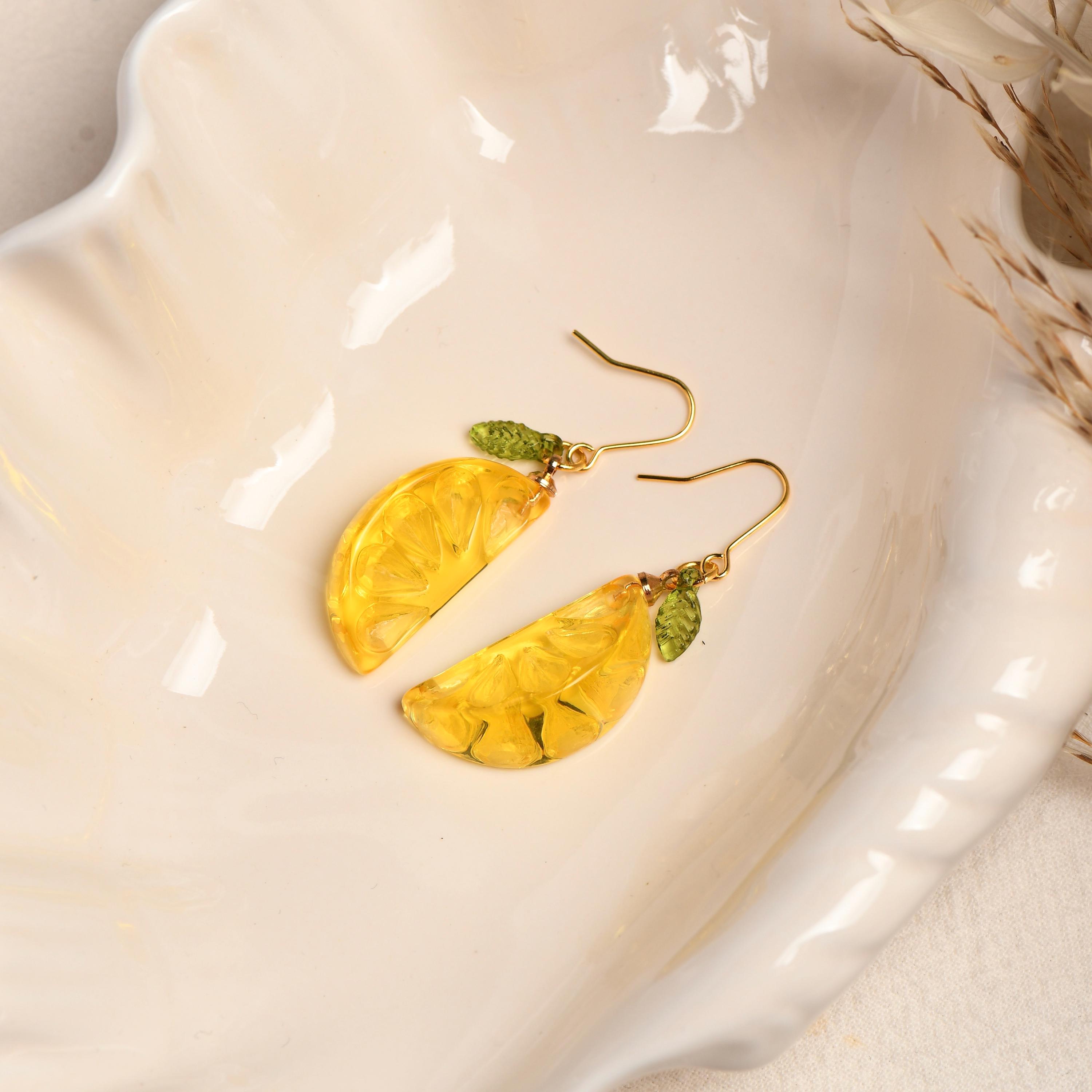 ダブルエックス Delicate Orange Lemon With Leaf Dangle Drop Earrings, Gold Vermeil