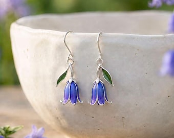 Bluebell Flower Earrings, Sterling Silver Enamel Dangle Earrings, Woodland Flower Jewelry, Nature Inspired Gift for Her