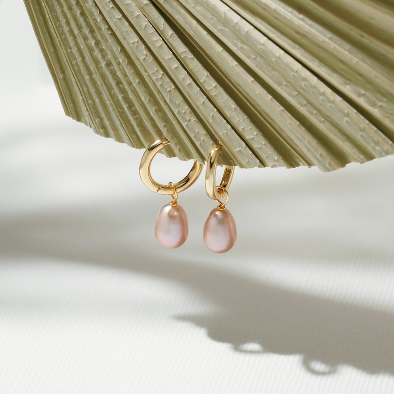 Natural Freshwater Pink Pearl Sterling Sliver Dangle Earrings, Gold Plated S925 Real Pearl Hoop Earring, Wedding Bride Earring, Gift for Her Pink Pearl & Hoop
