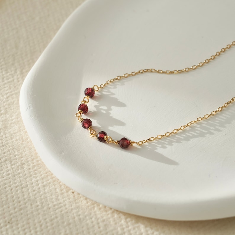 Natural Garnet Birthstone Sterling Sliver Bracelet, Gold Plated S925 Dainty Real Stone Bead Bracelet, Wedding Bride Jewelry, Gift for Her image 3