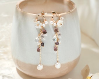 Pendientes colgantes de plata de ley con corona de flores de perlas naturales y madreperla, pendientes colgantes de piedras preciosas genuinas chapadas en oro, regalo para ella