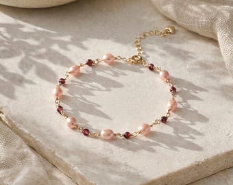 Natural Pearl with Garnet Pinky Bracelet, Gold Plated Real Pink Pearl Red Gemstone Bracelet, Ruby Wedding Bride Bracelet, Gift for Her