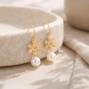 Natural Pearl with Snowflake Pearl Dangle Drop Earrings, Sterling Silver Hook Earrings, Wedding Bridesmaid Jewellery, Christmas Gift for Her