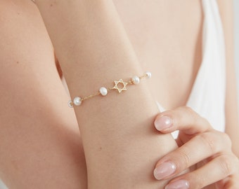 Sterling Sliver Star with Natural Freshwater Pearl Bracelet, Gold Plated S925 Genuine Pearl Bracelet, Wedding Bride Bracelet, Gift for Her