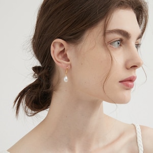 Natural Pearl Sterling Silver Dangle Earrings, Gold Plated S925 Hook Drop Earrings, Freshwater Pearl Wedding Bridal Earrings, Gift for Her image 9